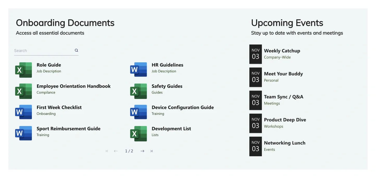Onboarding Documents list with file icons beside an Upcoming Events list with dark date badges