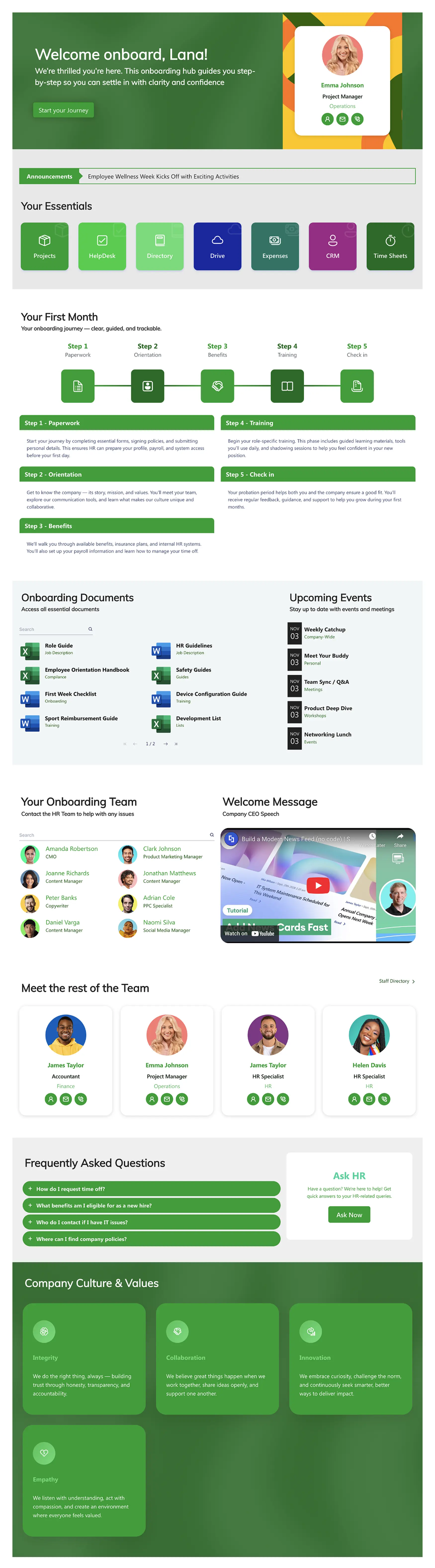 Clean focused SharePoint onboarding template with training schedule and resource library