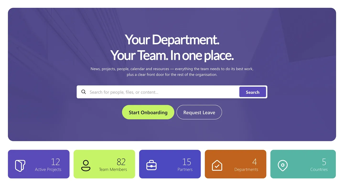 Purple SharePoint department hero with search bar, two buttons and five coloured stat tiles