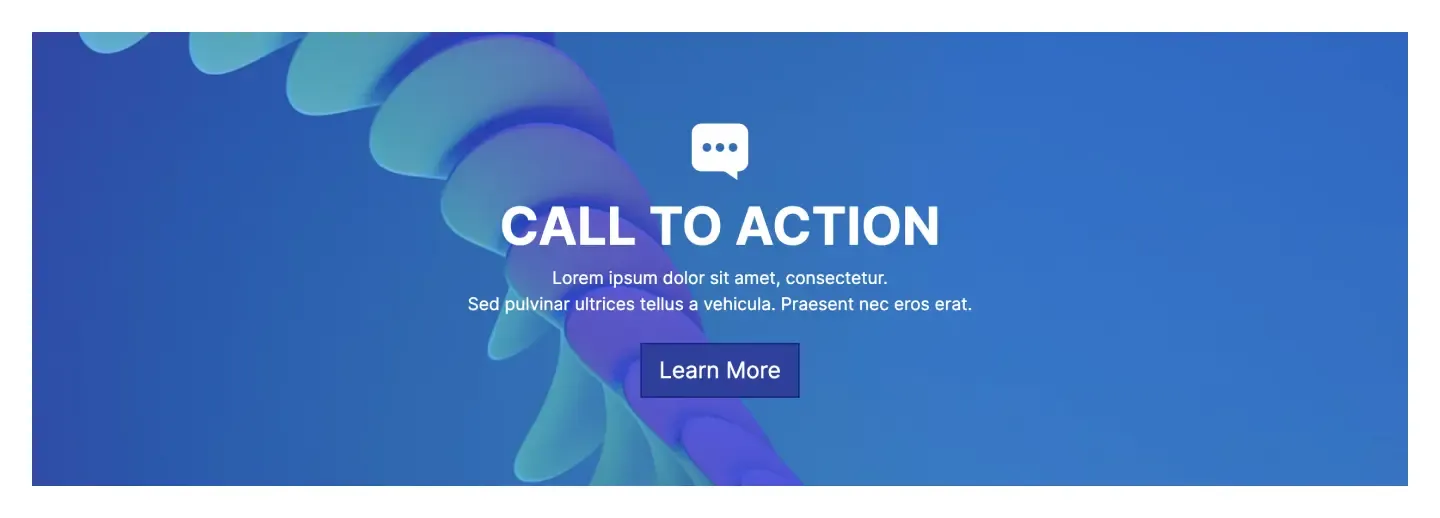 Parallax call to action banner with layered blue waves, chat icon, uppercase headline and a Learn More button