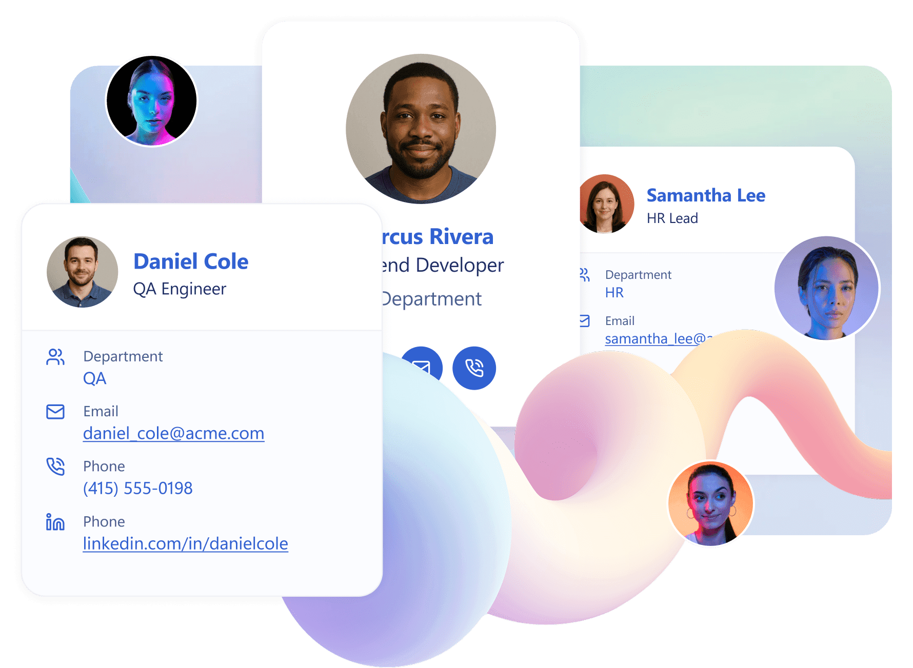 SharePoint people directory built with ShortPoint Person Cards showing employee photos, titles, and departments