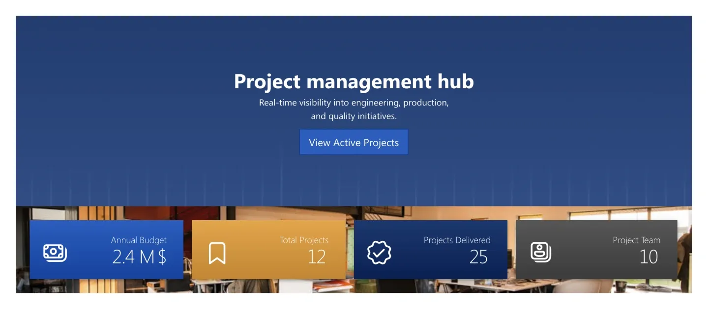 Project Management Hub SharePoint hero with button above four KPI tiles for budget and projects