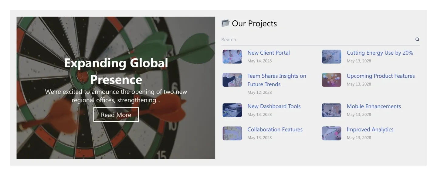 Projects section with dartboard photo panel, headline and button beside a searchable two-column project list