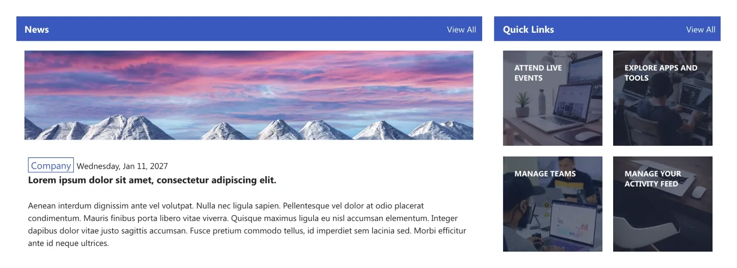 News panel with mountain photo beside a Quick Links grid of four dark photo tiles