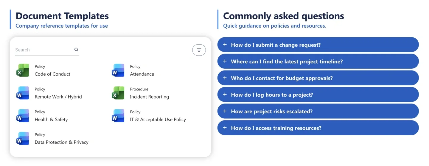 Document Templates list with file icons beside blue expandable Commonly Asked Questions bars