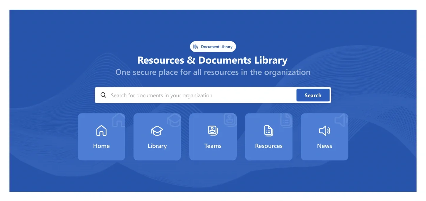Resources & Documents Library SharePoint hero with search bar and five icon shortcuts