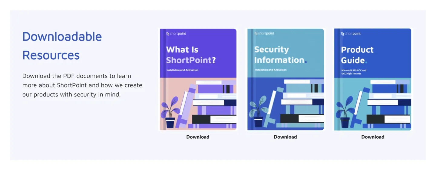 Downloadable Resources section with intro text and three PDF cover thumbnails with Download links