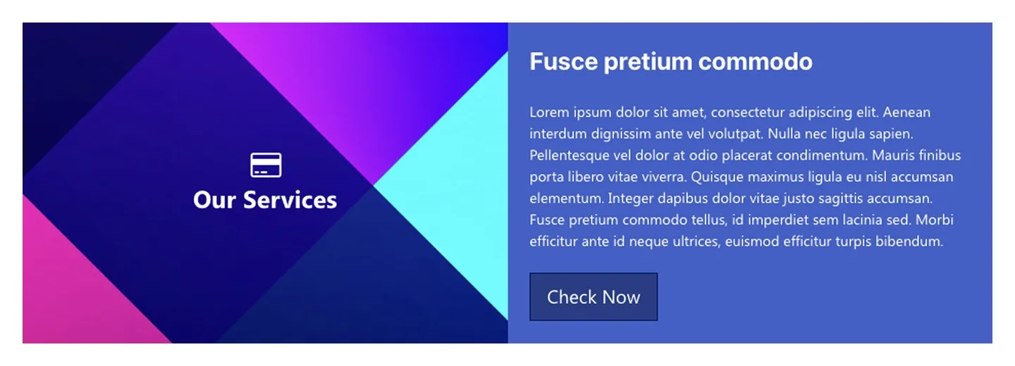 Service block with geometric gradient graphic beside a blue text panel with headline and Check Now button