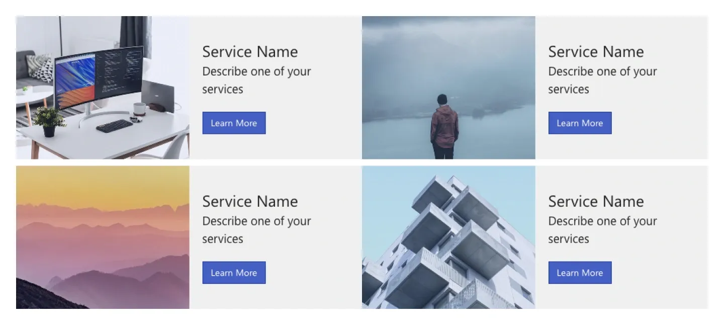 Two-by-two grid of service cards pairing photos with service names, descriptions and Learn More buttons