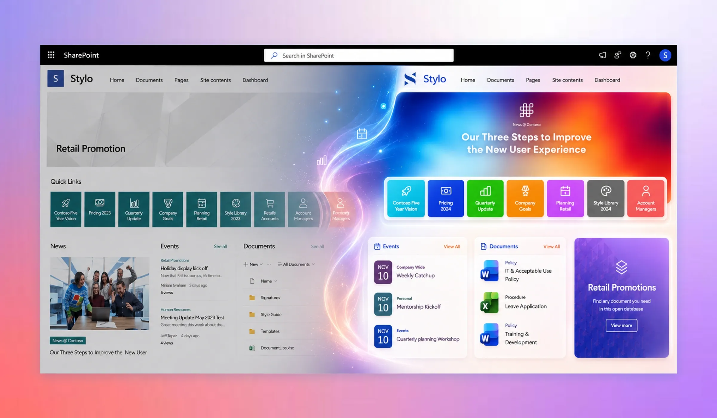 Side-by-side comparison of a default SharePoint site and the same site redesigned with ShortPoint