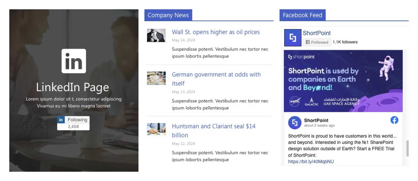 Social section with LinkedIn page card, Company News list and embedded Facebook feed