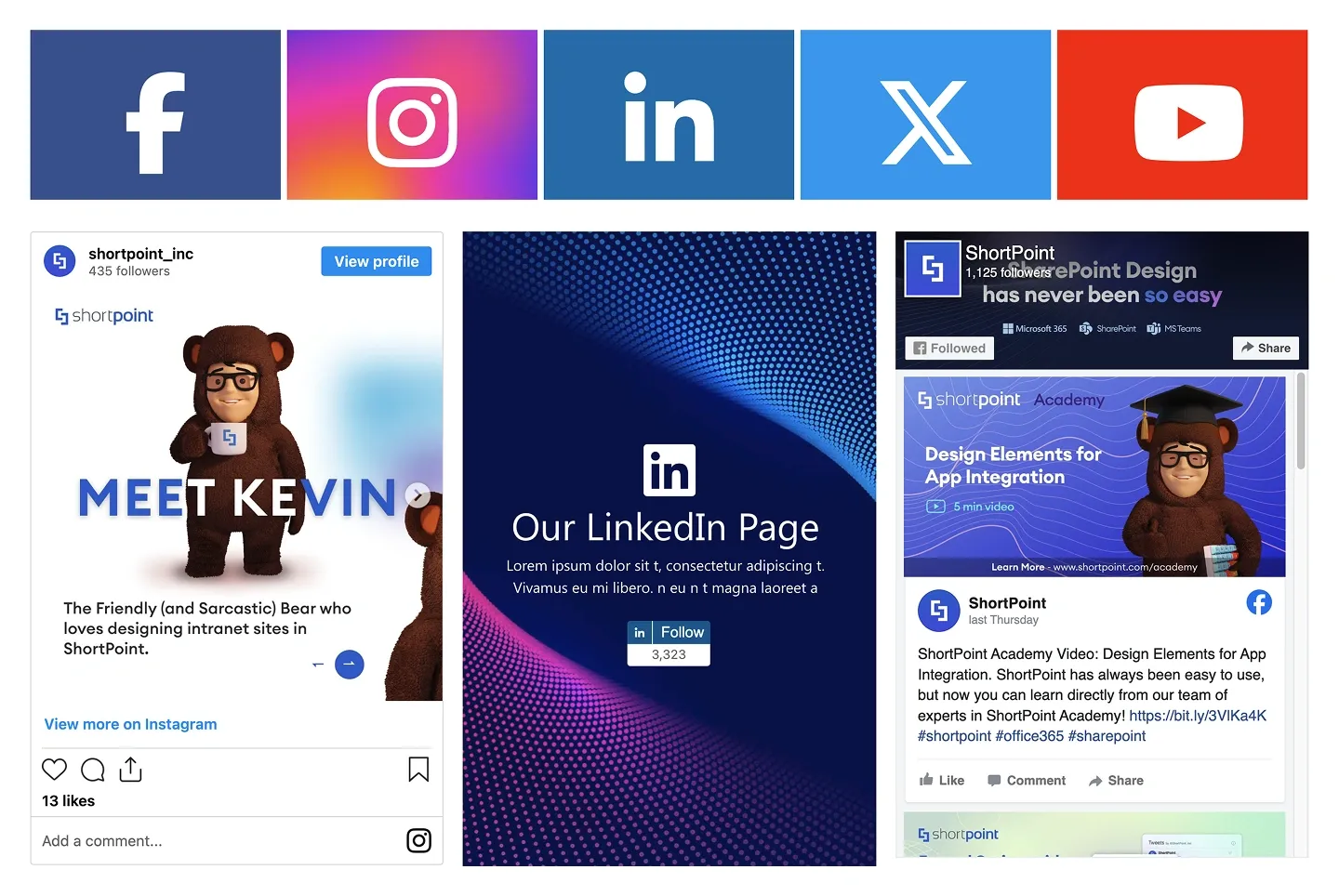 Social section with five brand-colour icon tiles above embedded Instagram, LinkedIn and Facebook feeds