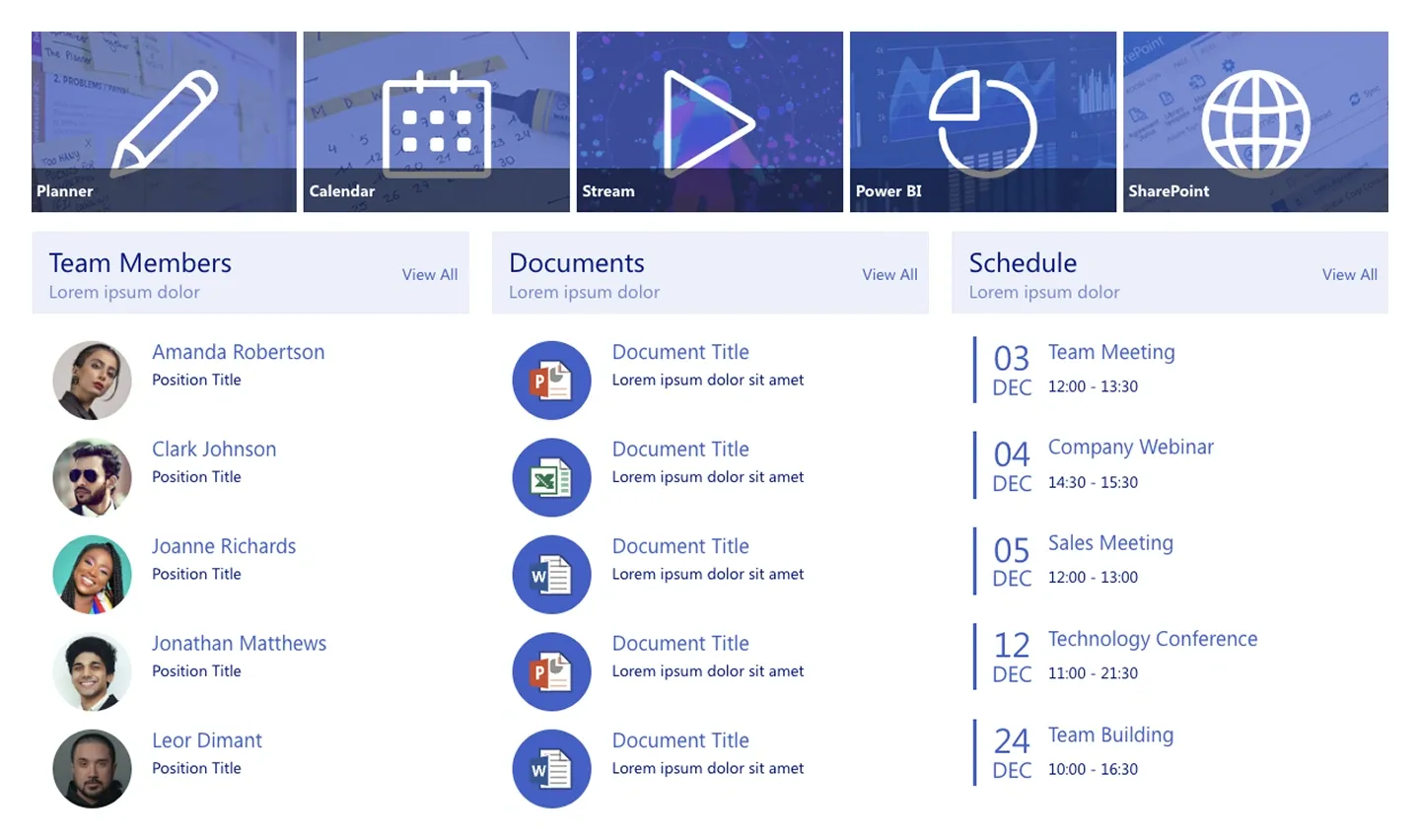 Team Dashboard with five photo app tiles above Team Members, Documents and Schedule columns
