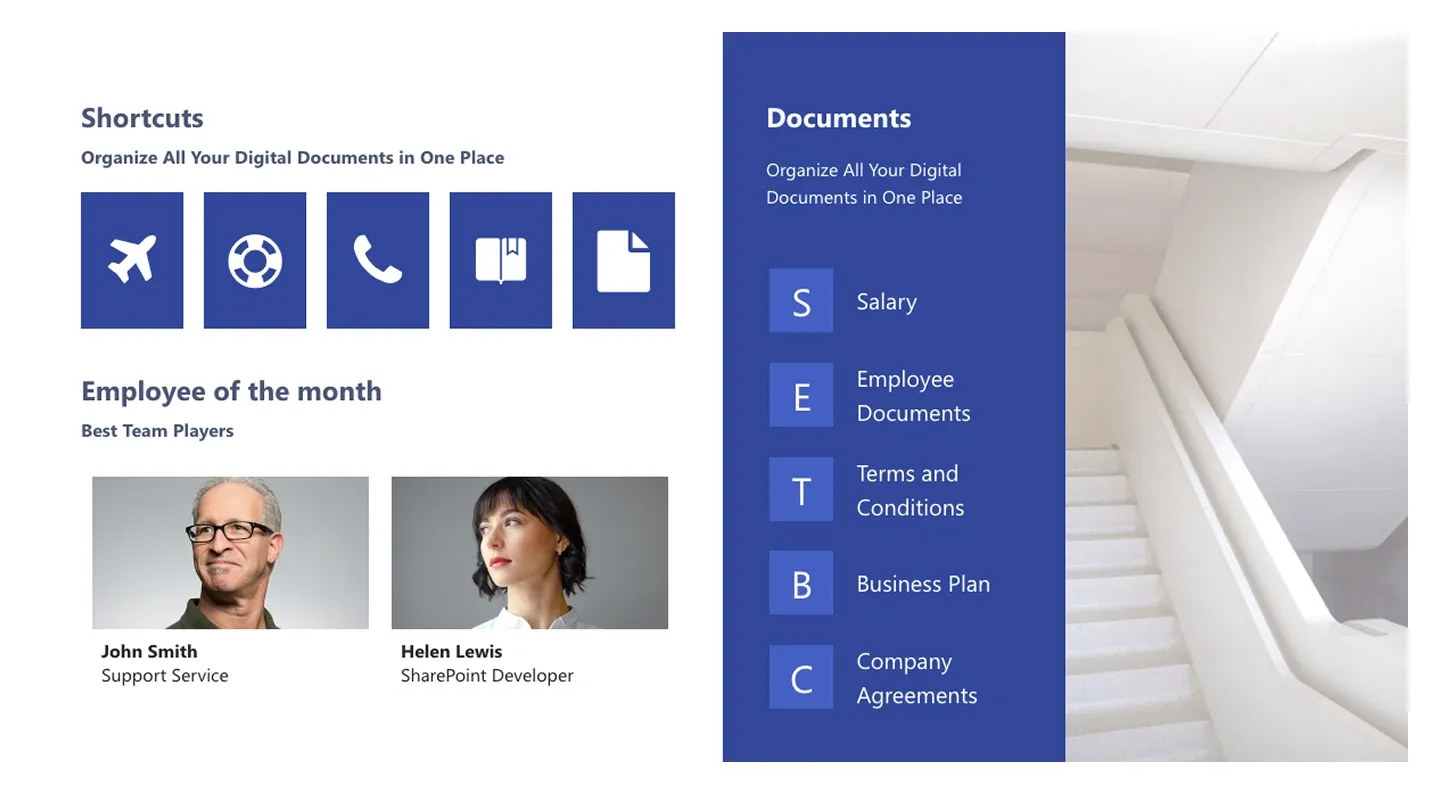 Team Dashboard with shortcut icons, Employee of the Month photos, navy Documents list and stairwell photo