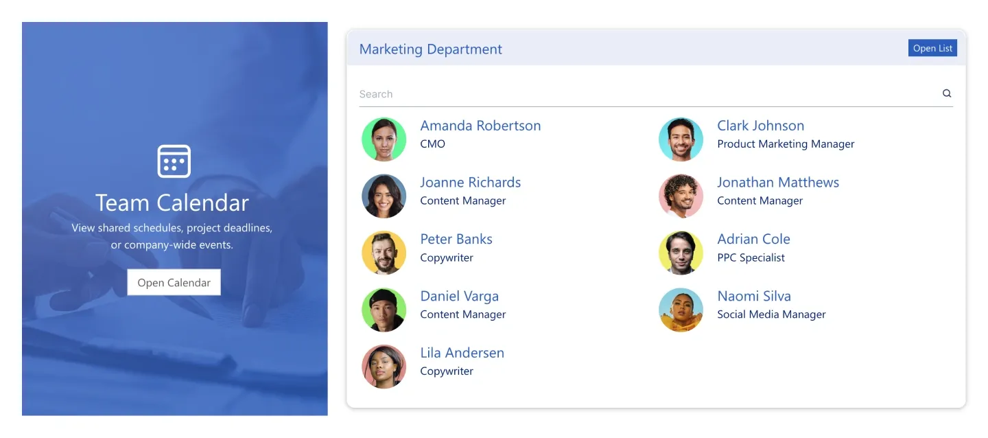 Team section with blue Team Calendar card beside a searchable Marketing Department people list