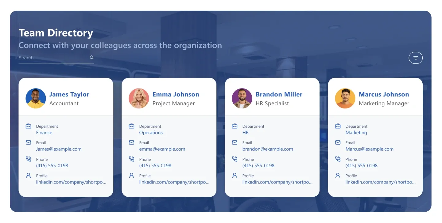 Team Directory with navy banner, search and four white people cards with department, email and phone