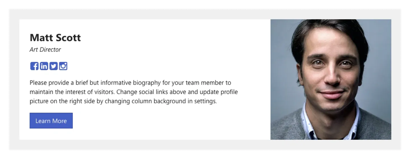 Single teammate profile with name, role, social icons, bio and button beside a portrait on the right