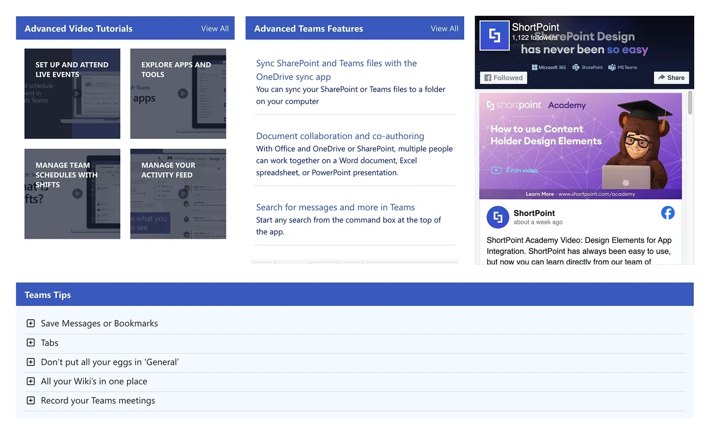 Microsoft Teams resource section with video tutorial tiles, feature articles, social feed and expandable tips