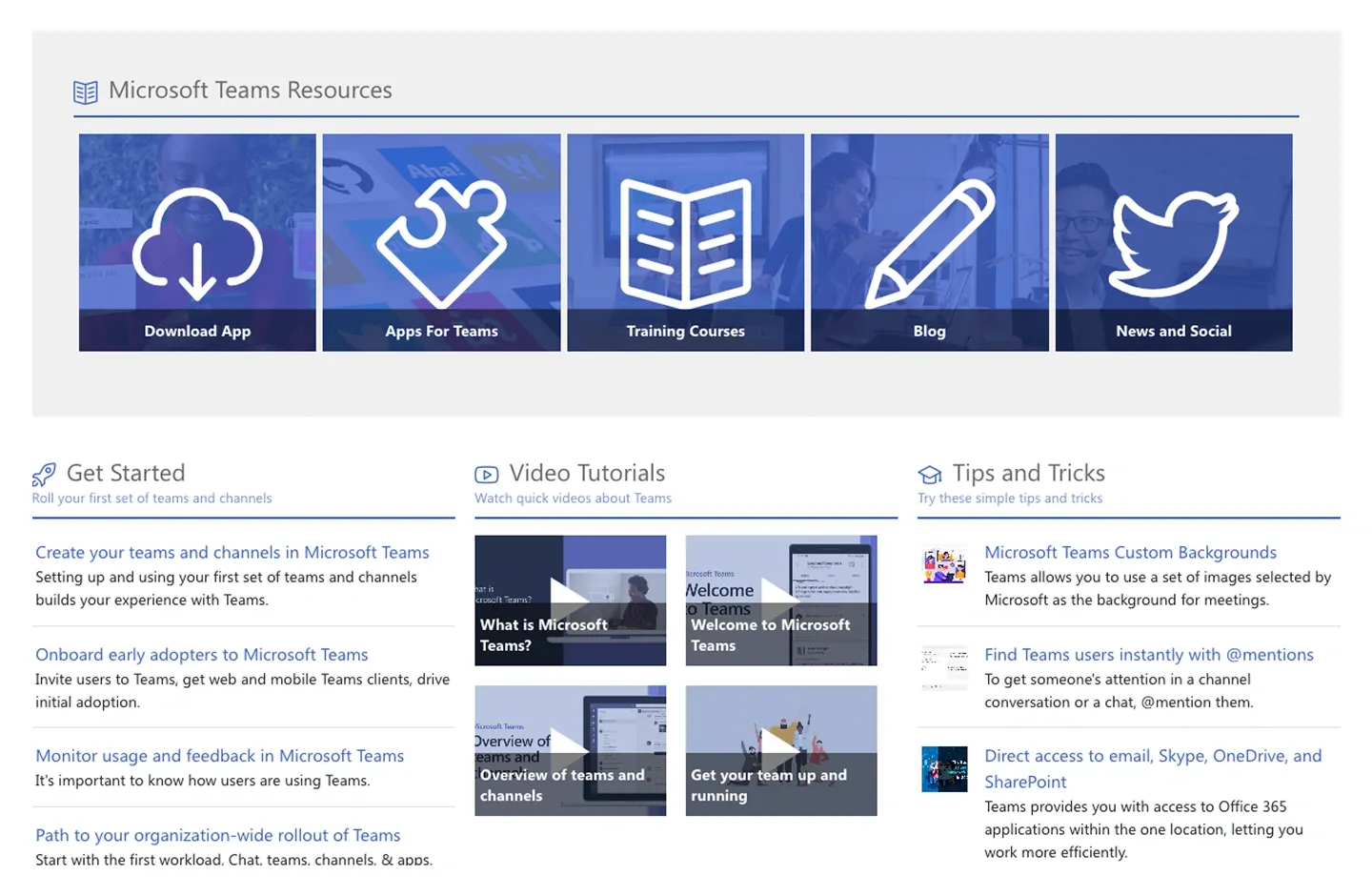 Microsoft Teams starter section with five blue image tiles above Get Started links, video tutorials and tips