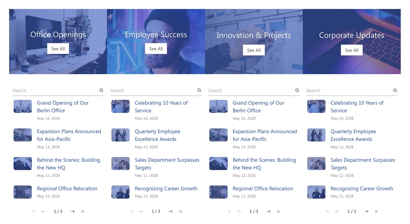 Updates Center with four photo category headers above searchable, paginated news lists