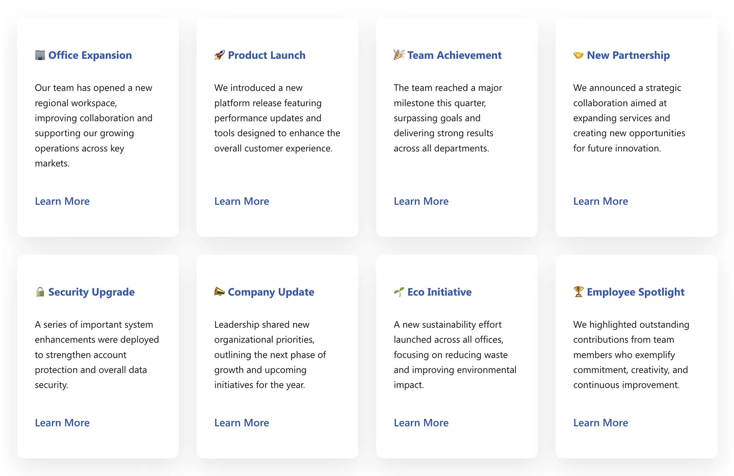 Updates Hub with eight white cards showing coloured icons, titles, text and Learn More links