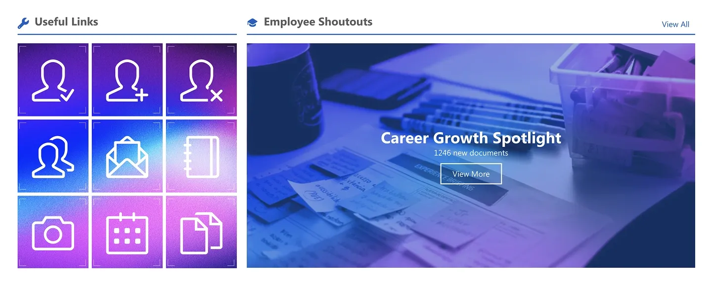 Useful Links section with nine gradient icon tiles beside a photo card titled Employee Shoutouts