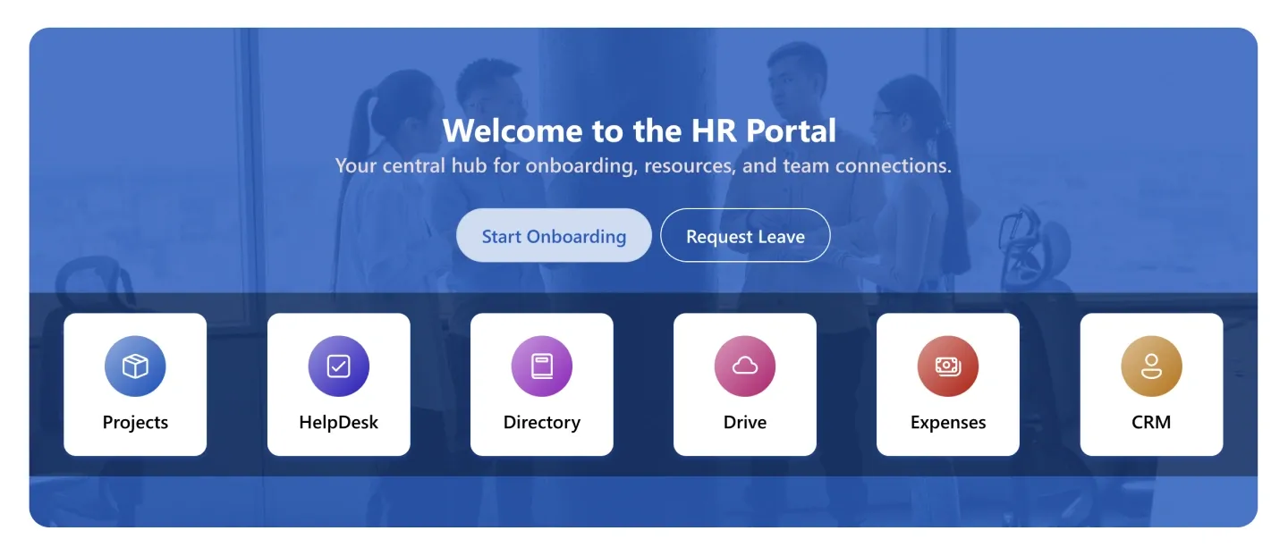 Welcome to the HR Portal SharePoint header with two buttons and six white circular icon tiles