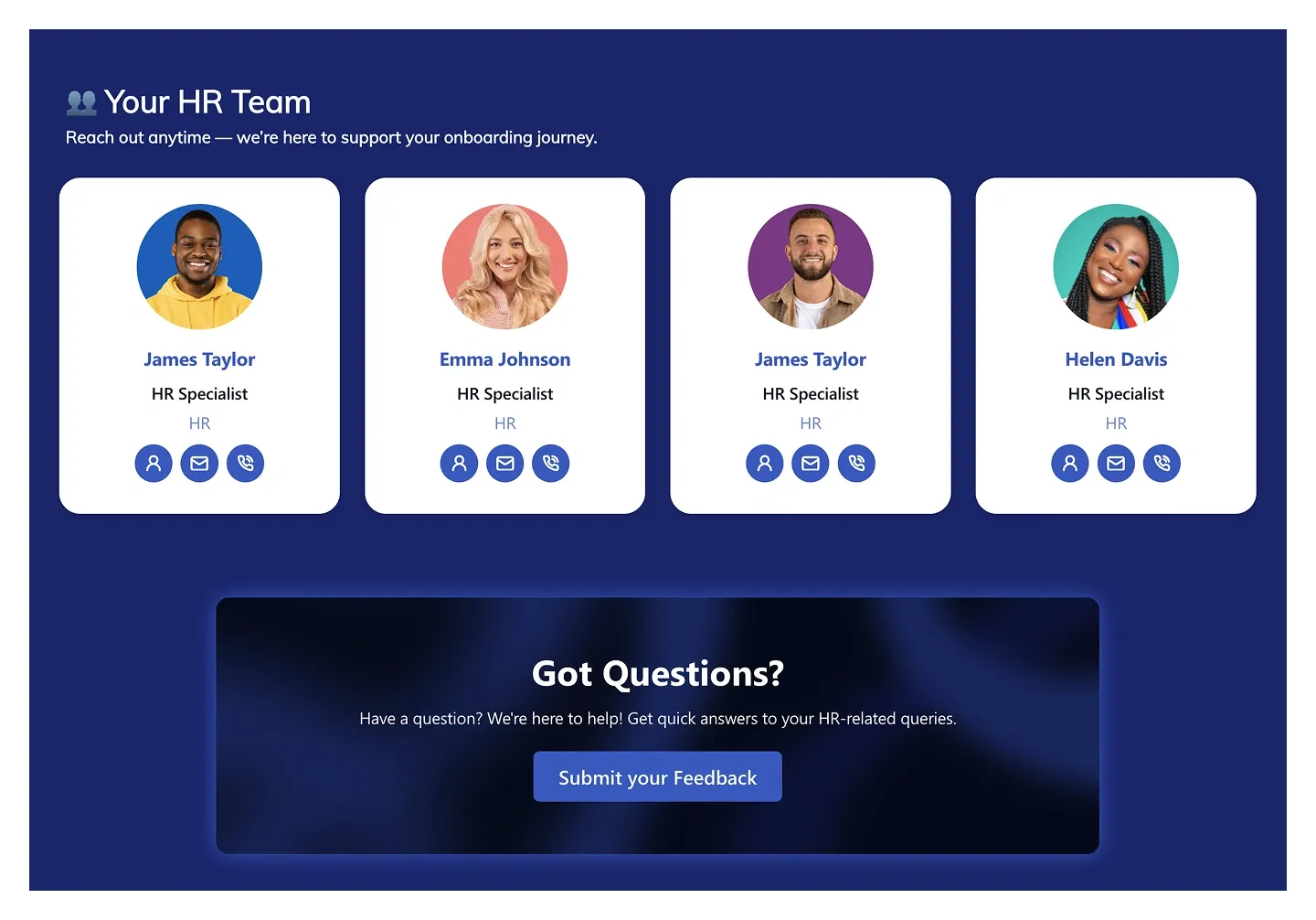 Your HR Team section with four HR specialist cards above a dark Got Questions feedback banner