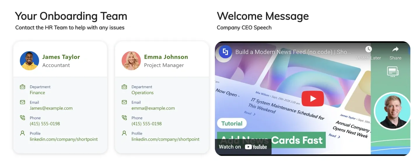 Your Onboarding Team section with two HR contact cards beside an embedded CEO welcome video