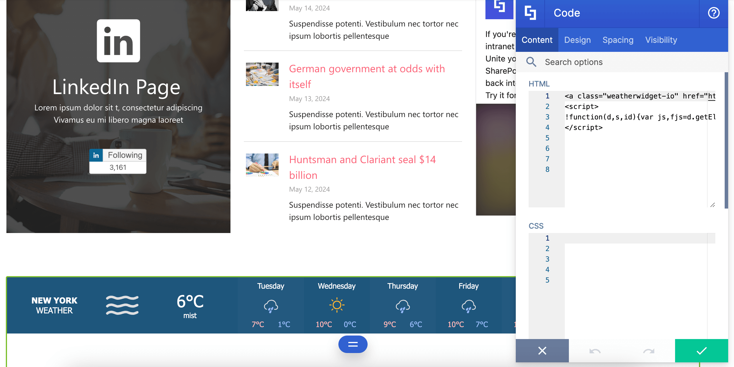 A weather widget embedded with the Code Design Element.