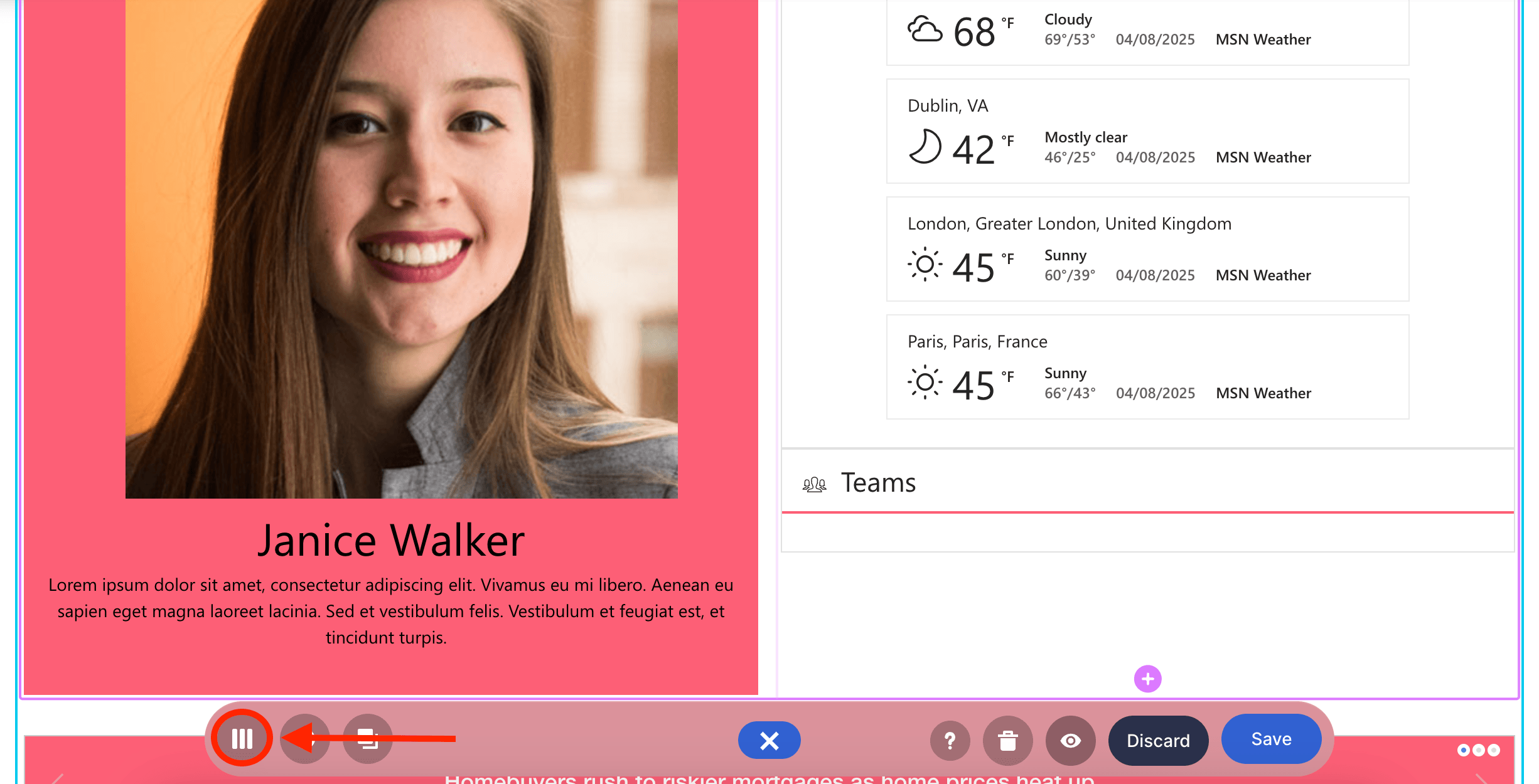 Switching to Grid Mode to add the Teams Design Element.