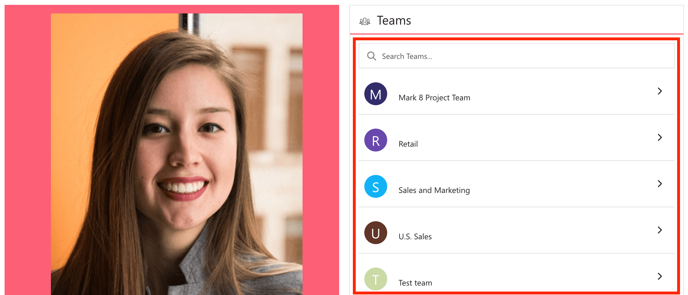 Teams Design Element settings for showing your Teams or all Teams in the organization.