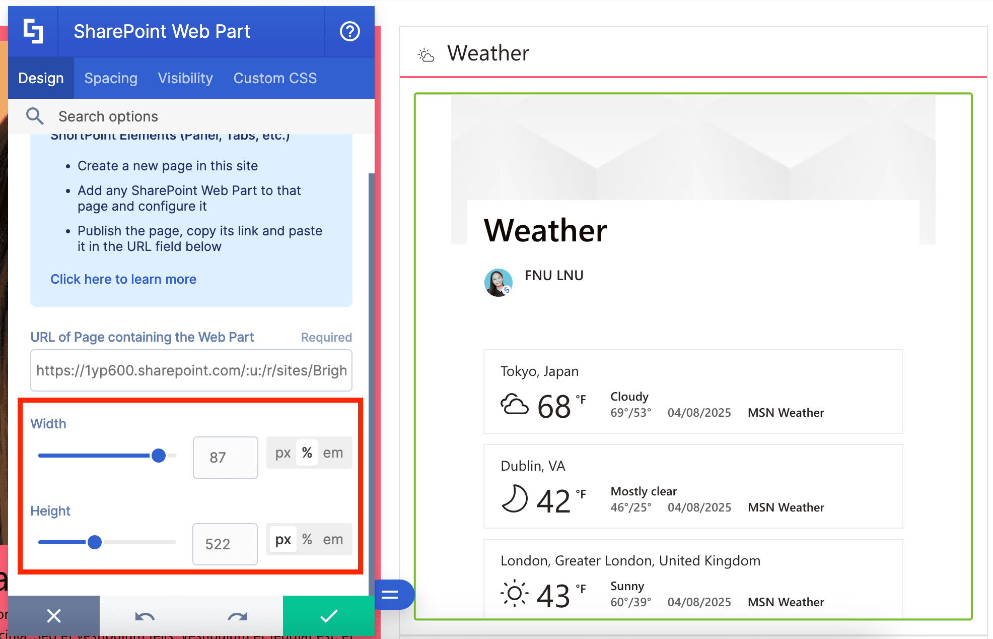 Width and height settings for an inserted SharePoint web part.