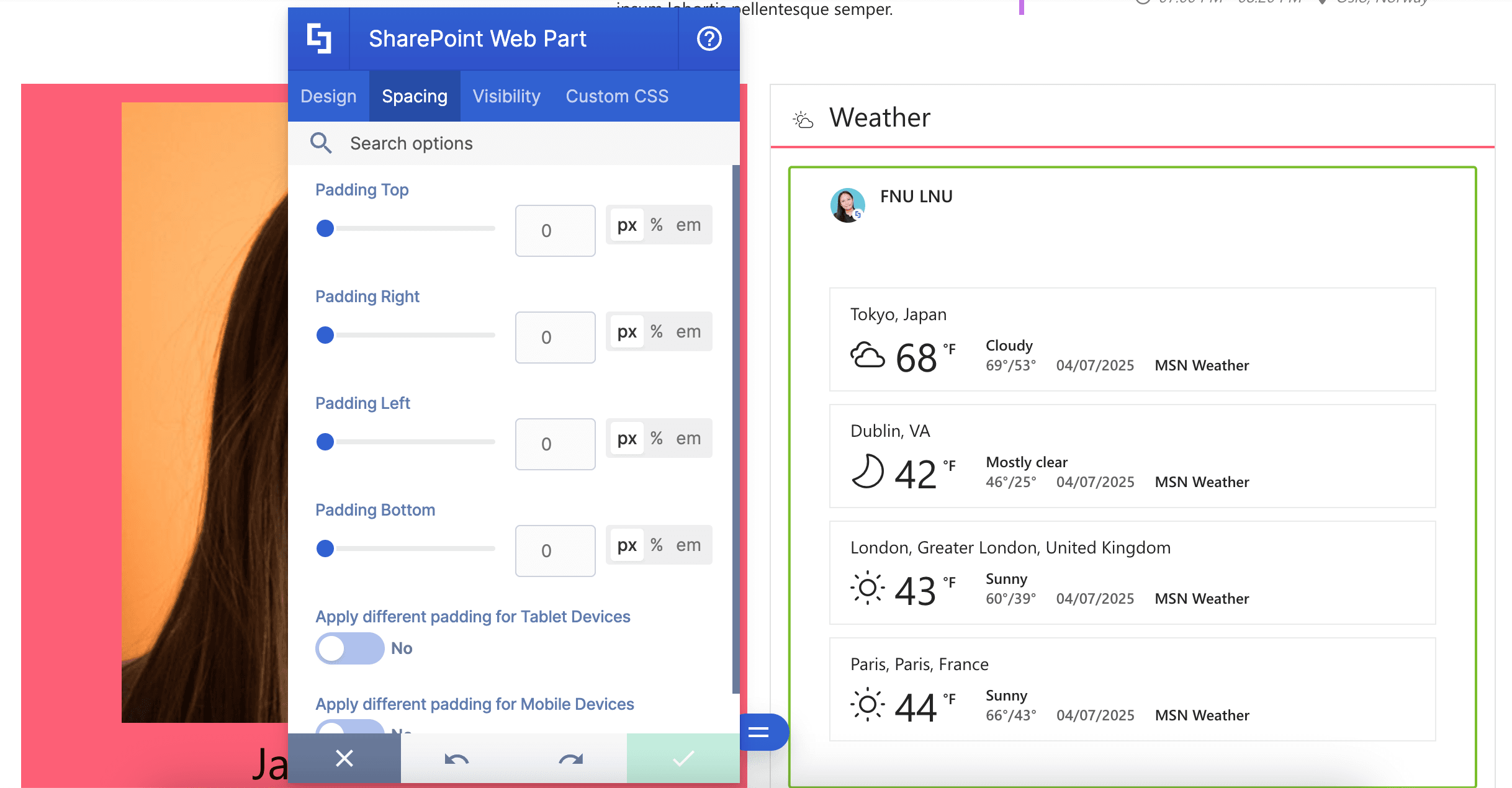 Padding and margin settings for an inserted SharePoint web part.