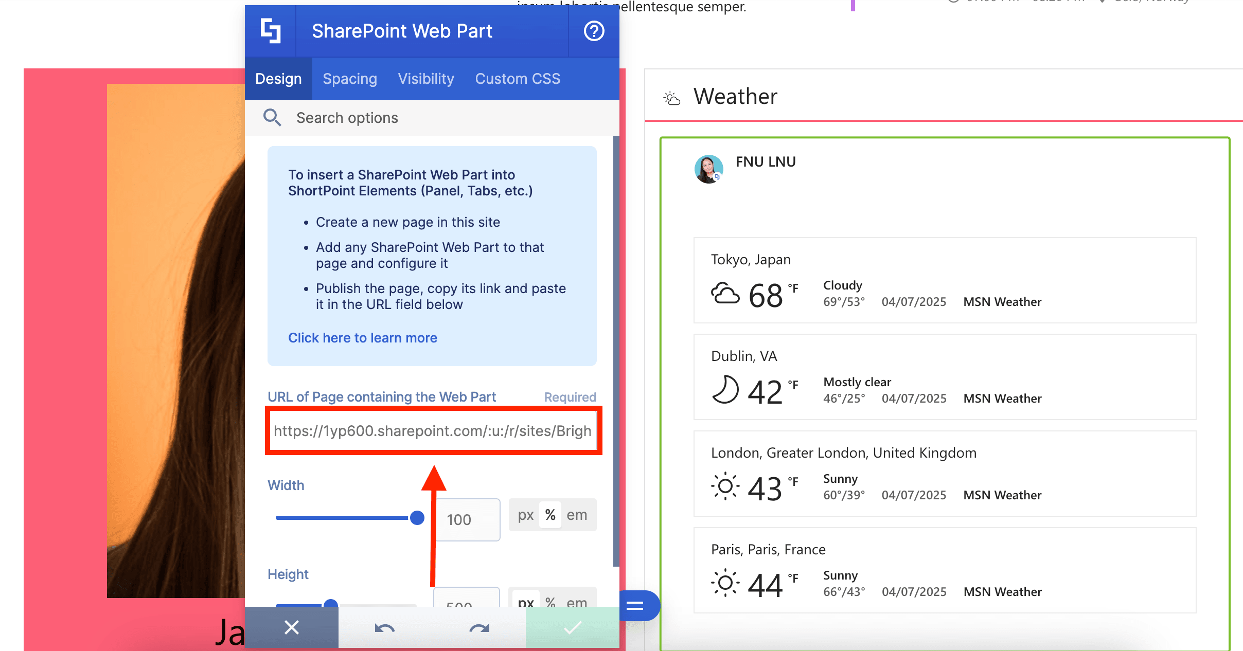 SharePoint Web Part Design Element settings showing the page URL field.