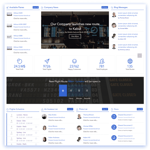 Airline SharePoint intranet with crew schedule table, safety alert banners, and operations panel