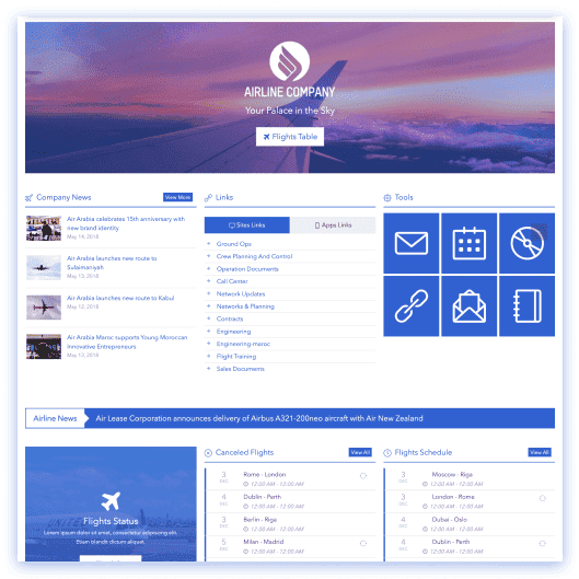 Airline SharePoint site with flight operations center, crew update feed, and company news section