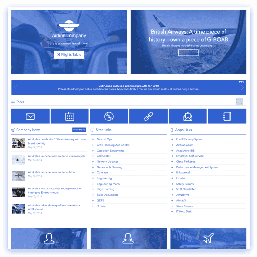 Airline SharePoint intranet with route update feed, crew training modules, and HR resource links