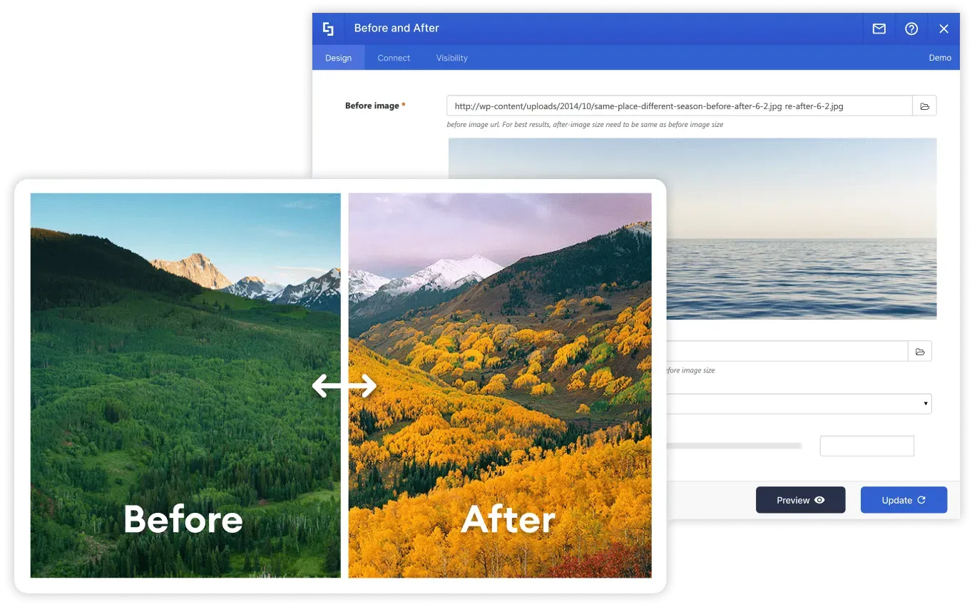Before-and-after slider comparing old and new intranet homepage designs, shown mid-drag