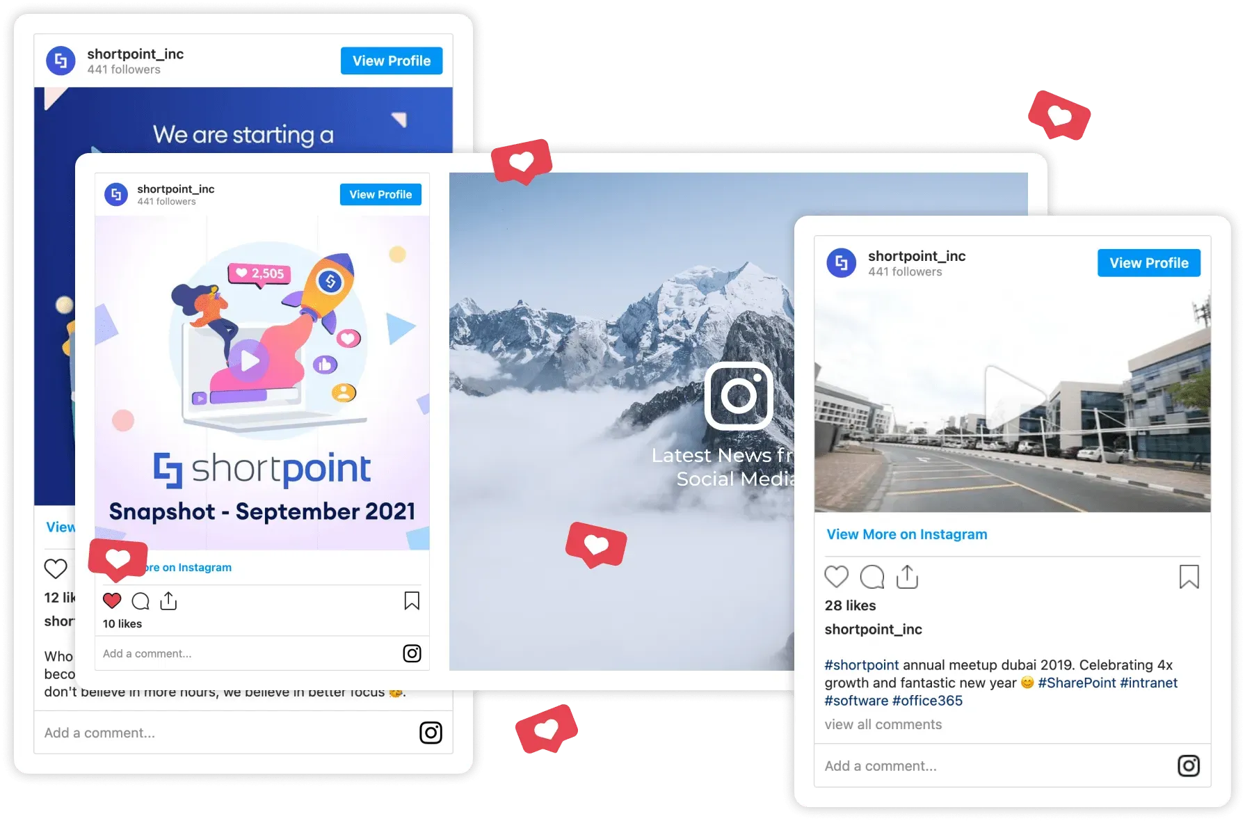 Facebook feed and social engagement counters on a SharePoint community intranet homepage