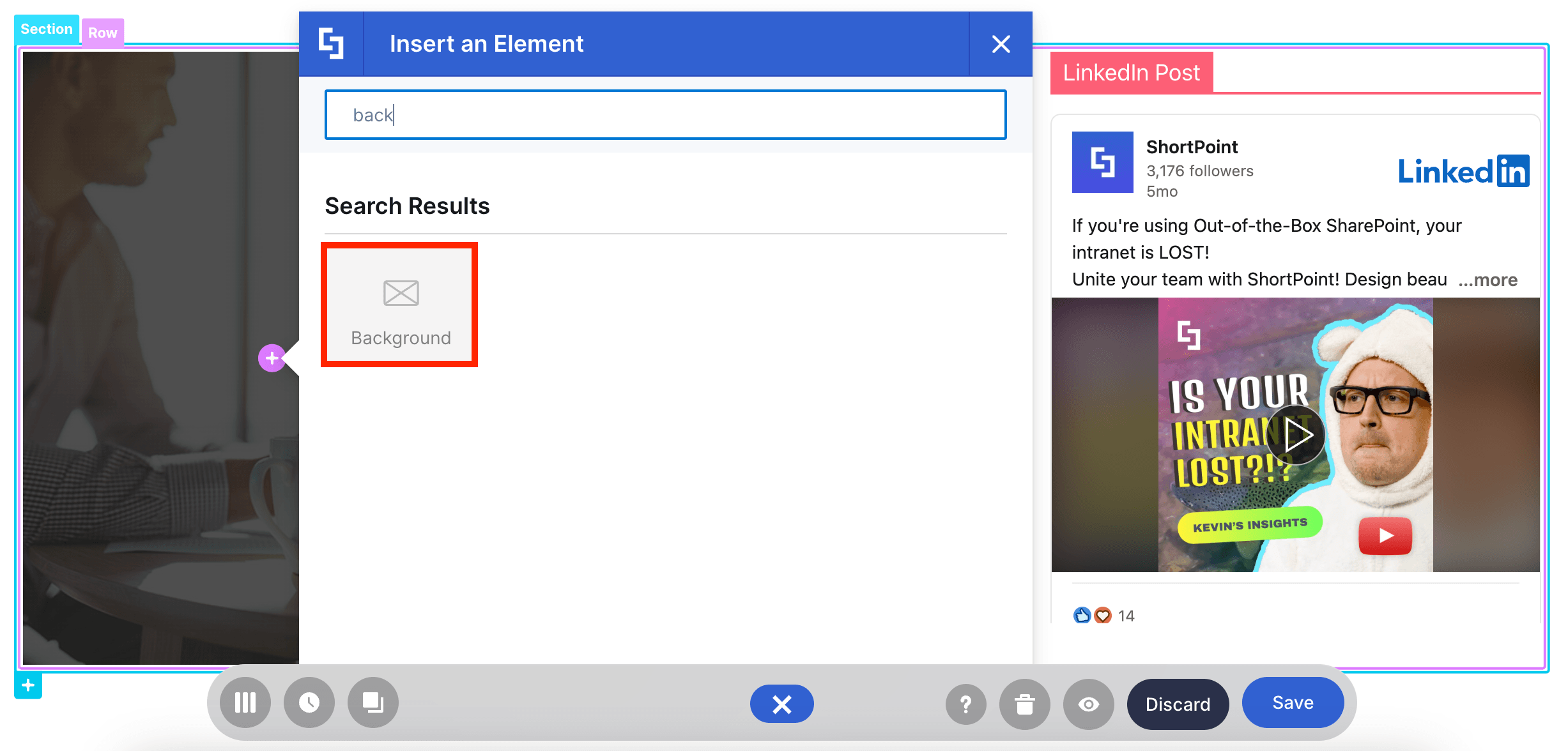 The Background Design Element added to a SharePoint page.