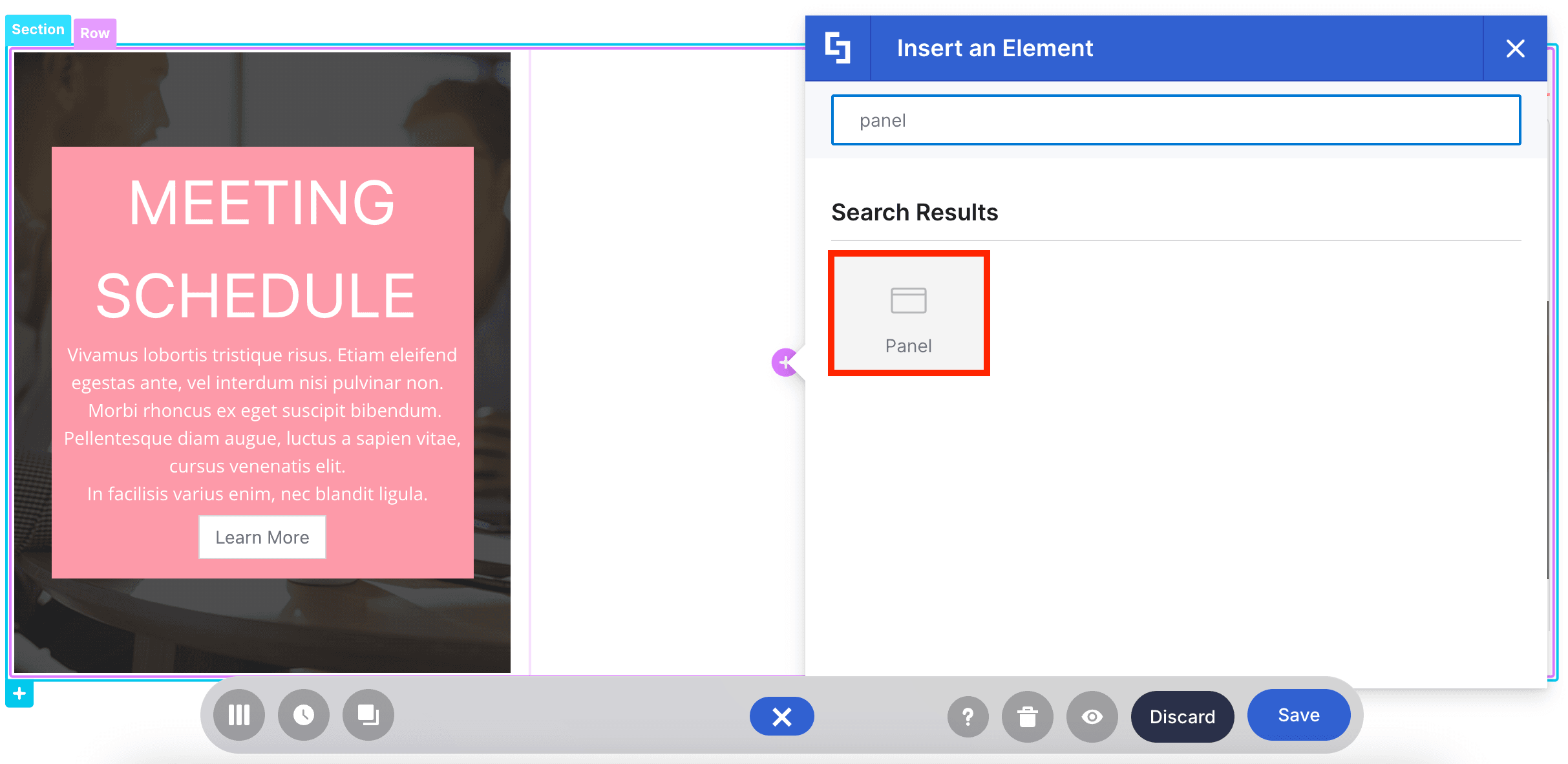 The Panel Design Element added to a SharePoint page.