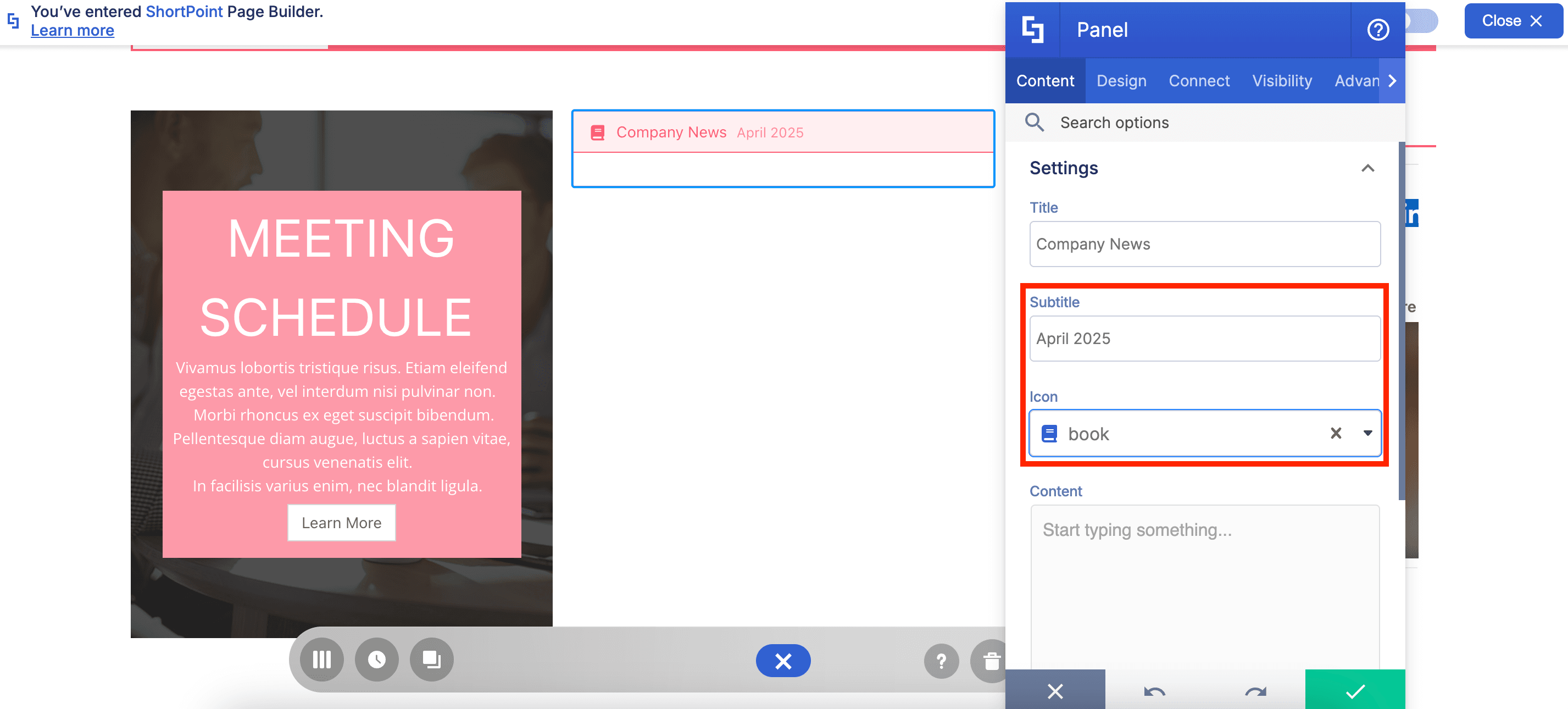 Panel Design Element with a subtitle and an icon added to its label.