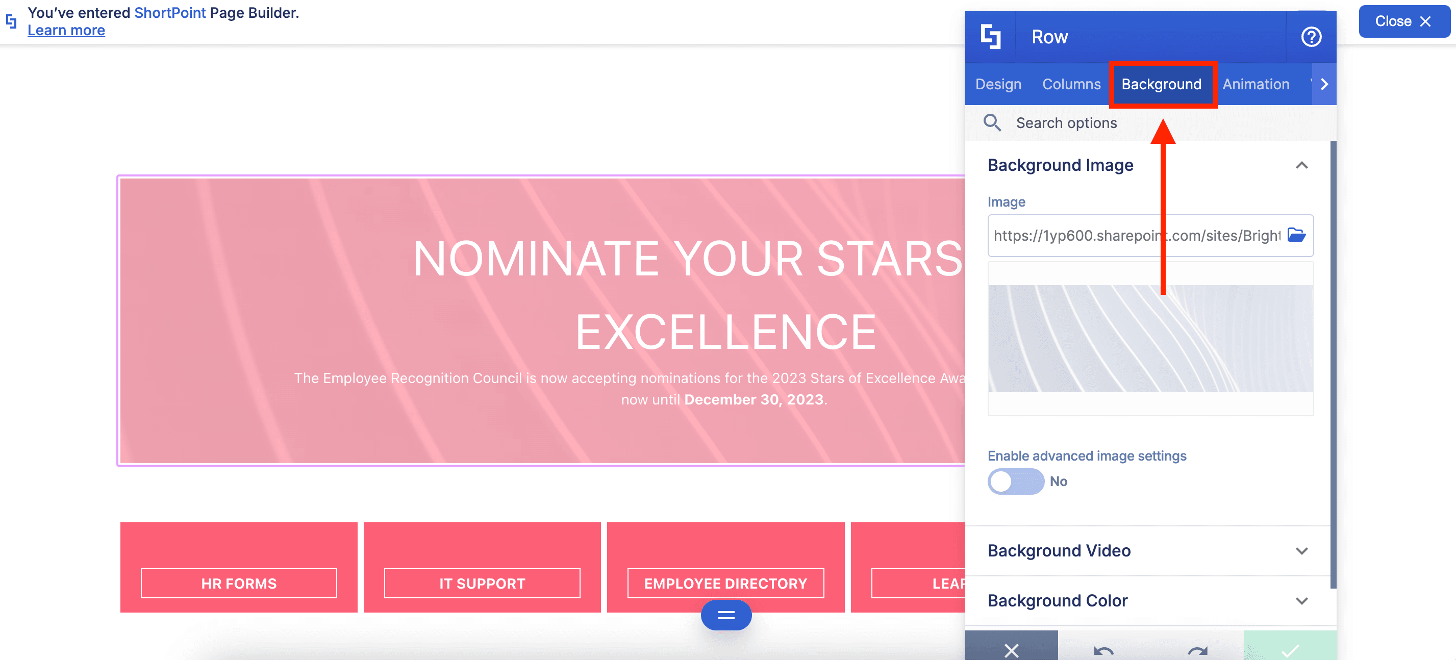 Background customization options within the Section, Row, and Column Design Elements.