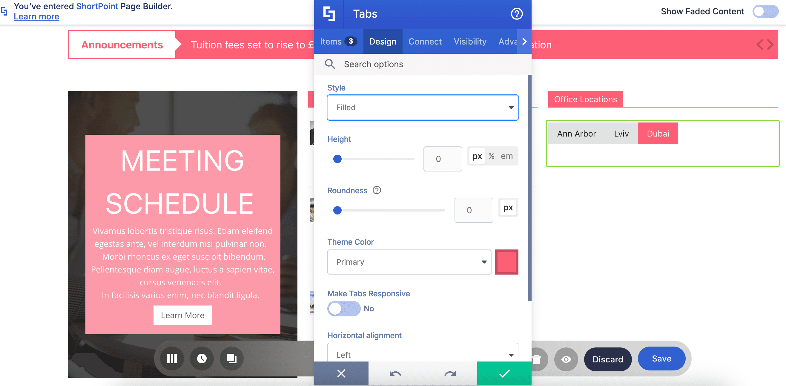 Tabs Design Element settings for style, color, and size.
