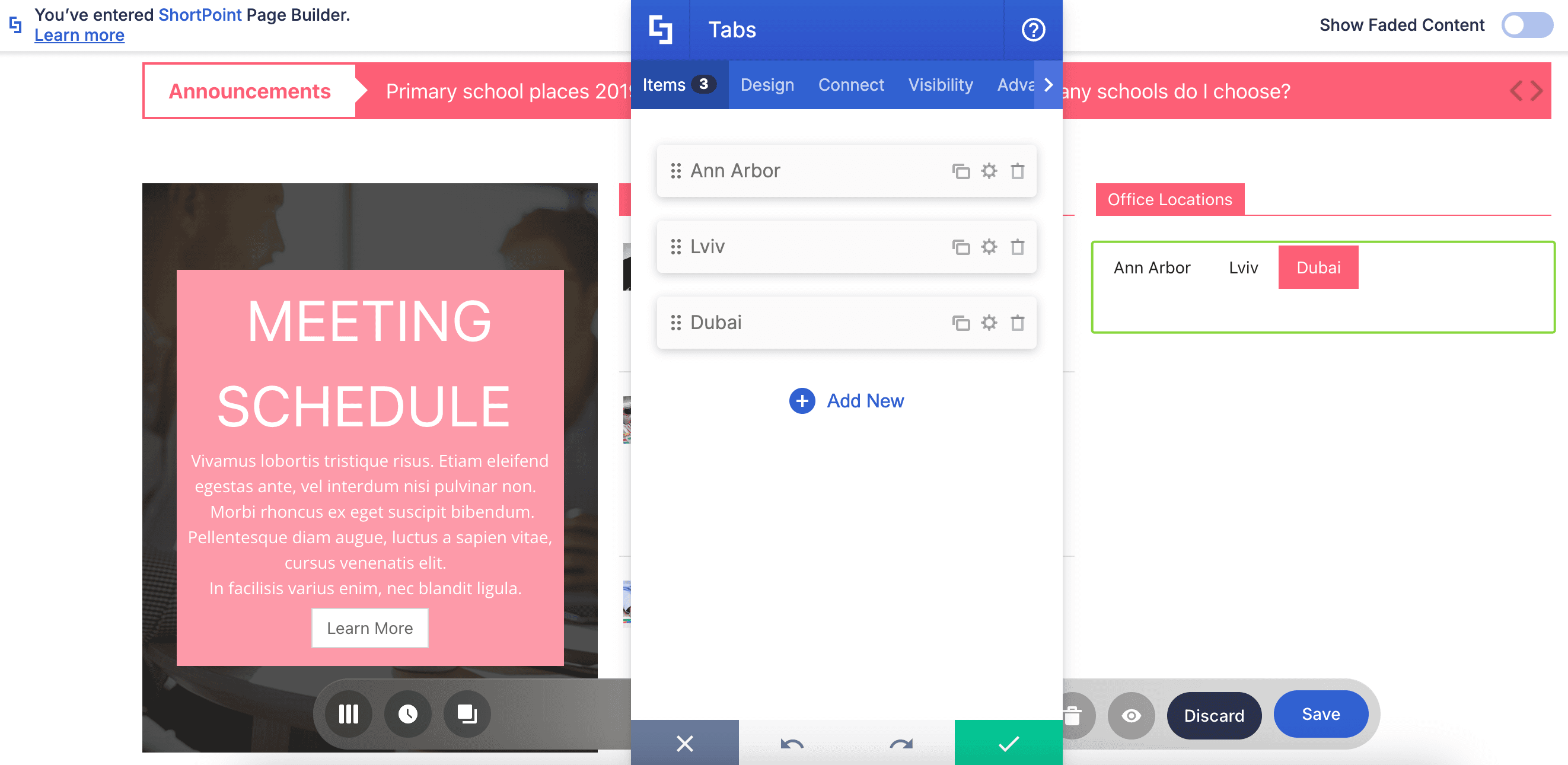 Content separated across multiple tabs in the Tabs Design Element.