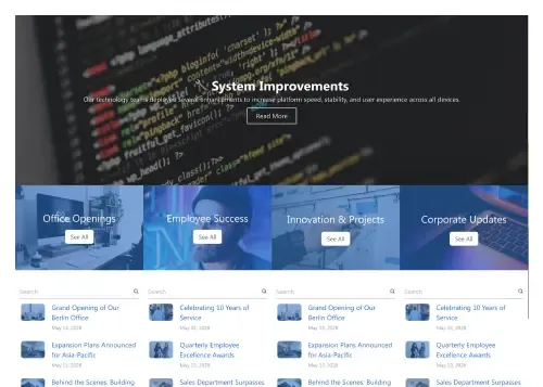 SharePoint news site with company announcement hero, news card grid, and category navigation tabs