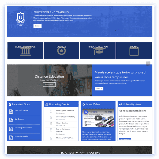 University SharePoint portal with department links and student resource download sections