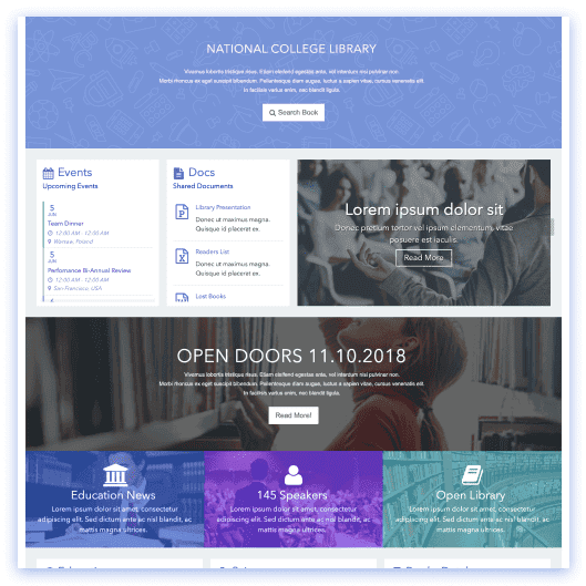 Education SharePoint intranet with training module cards, resource library, and news section