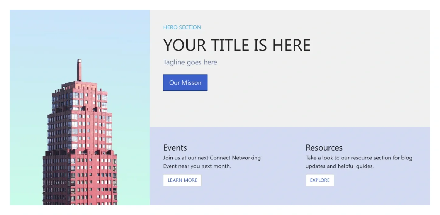 Split SharePoint hero with tall building photo, title and button, above events and resources columns